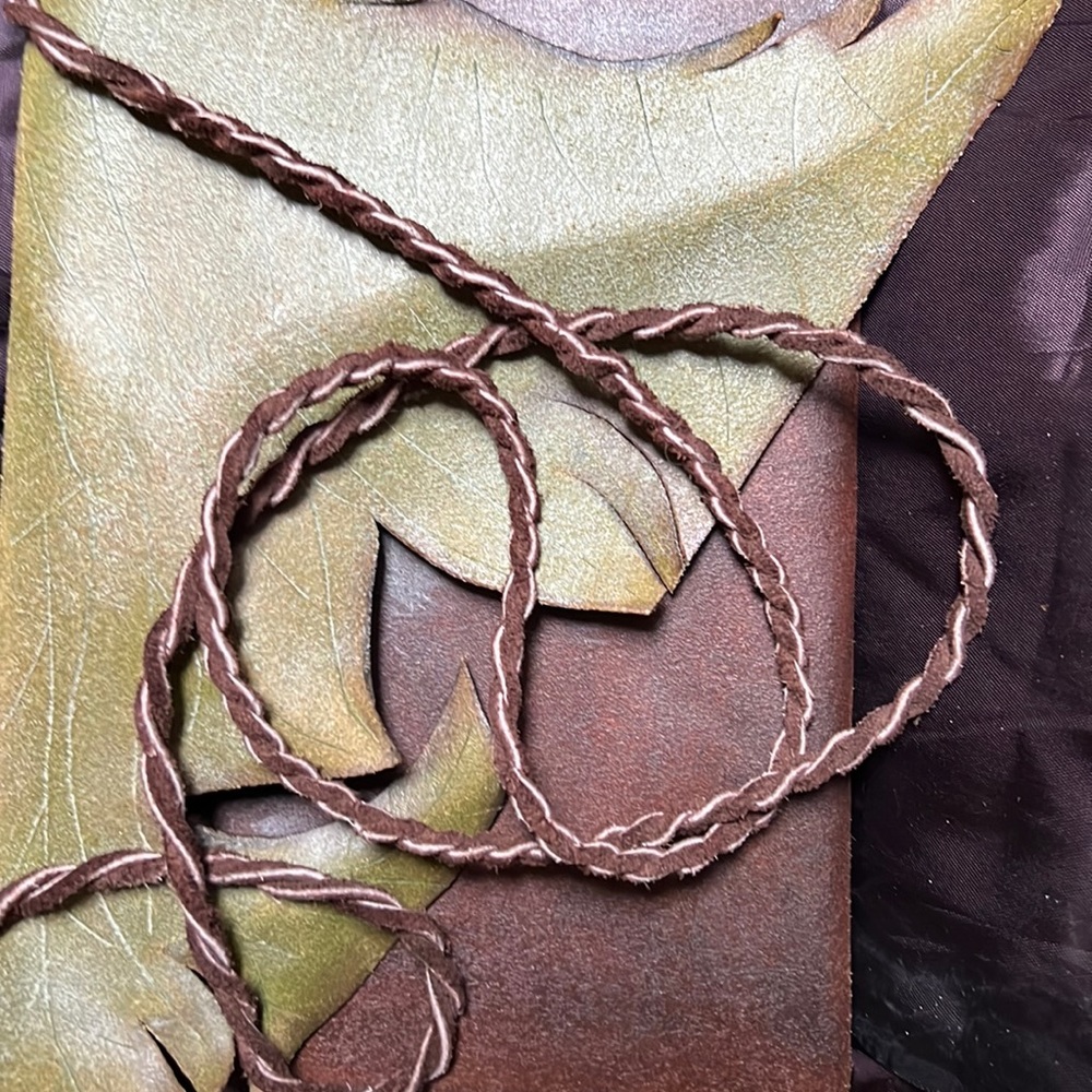 Green/brown leather boho bag with shoulder strap 6”x9” size